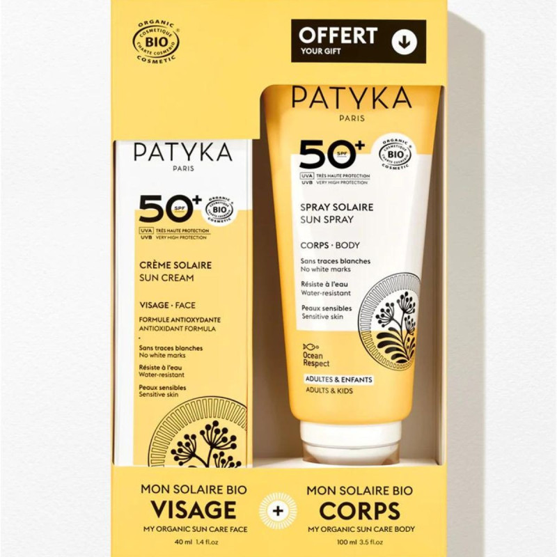 Patyka Crème Solaire Visage SPF50+ Bio Vegan 40ml+Spray Solaire SPF50+ 100ml OFFERT