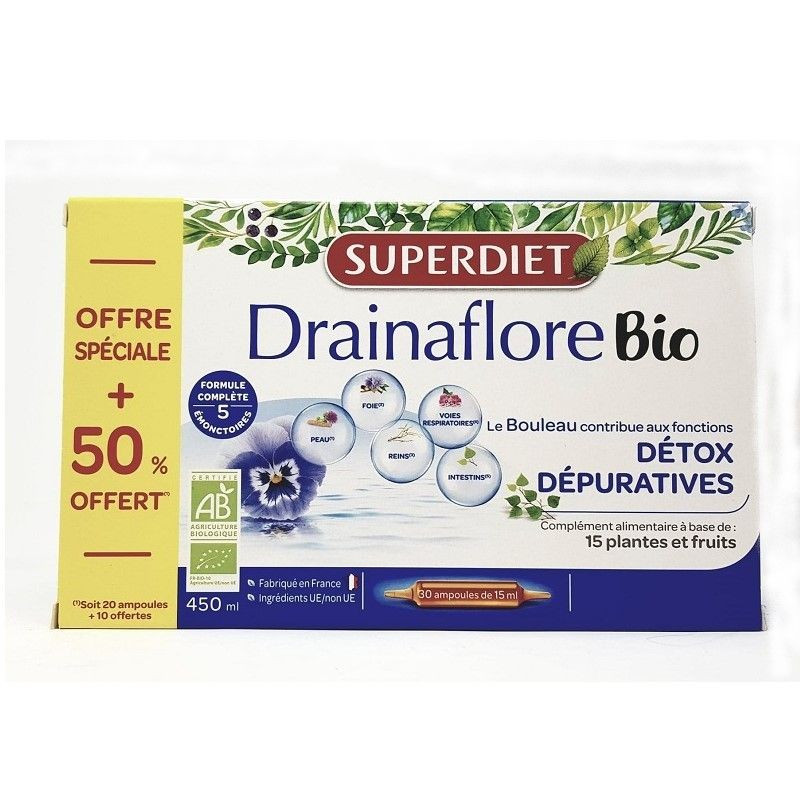 Super Diet Drainaflore Bio 20 ampoules + 10 ampoules OFFERTES