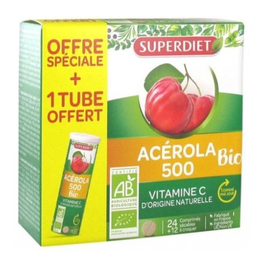 SuperDiet Acérola Bio 500mg 24 comprimés +12 OFFERTS