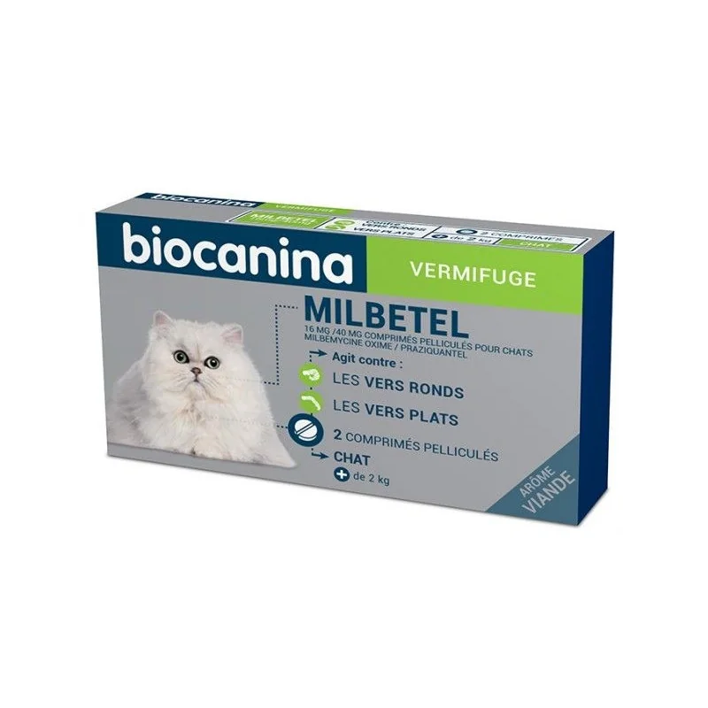 Biocanina Vermifuge Milbetel Chat 2 comprimés Arôme Viande.