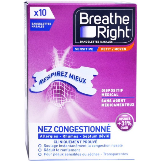Breathe Right 10 Bandelettes Nez Petit/Moyen Congestionné