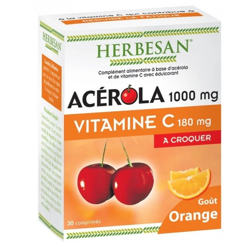 Herbesan Acérola 1000mg Vitamine C Orange 180mg 30 comprimés à Croquer